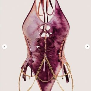 SHEIN Purple Tie-Dye Bodysuit with Gold Chains
